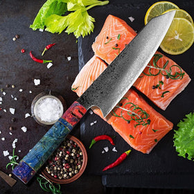 Cuchillo Kiritsuke de acero damasco con mango de ébano coloreado