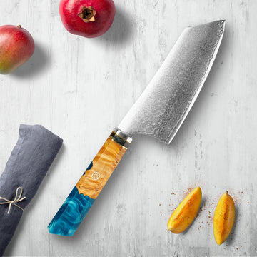 Cuchillos de acero de Makito Damasco con mango de resina azul de color