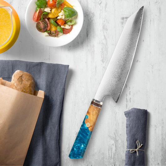 Makito Damascus Steel Knives With Coloured Blue Resin Handle