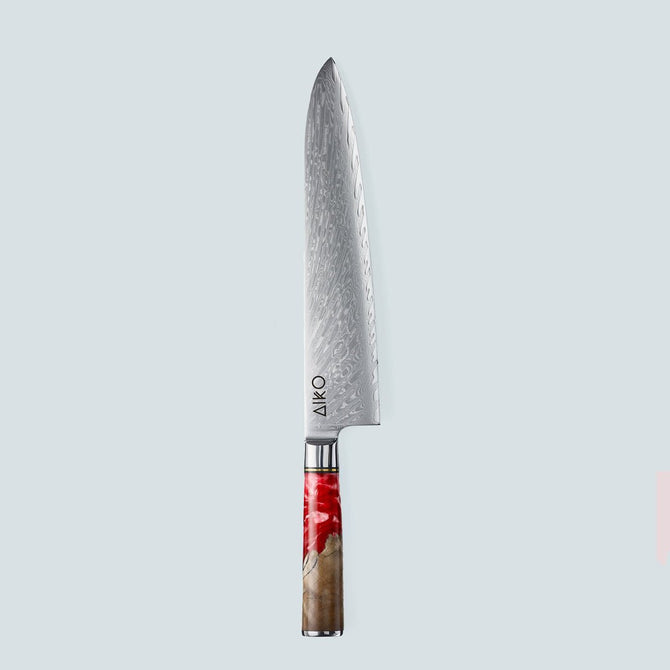 Cuchillo Aiko de acero damasco rojo con mango de resina de color rojo